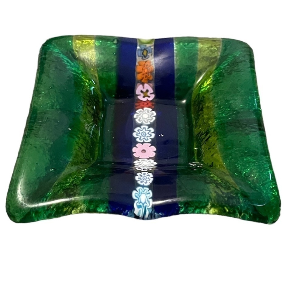 Miniature‎ Fused Art Glass Trinket Dish 3 1/2" green Millefiori
